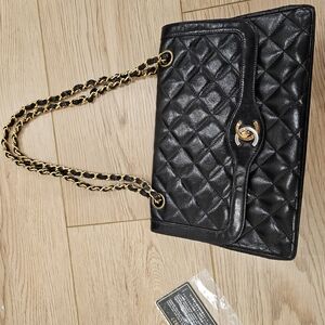 Chanel Paris Limited Edition Double Flap Lambskin Chain Bag With Two Toned Logo